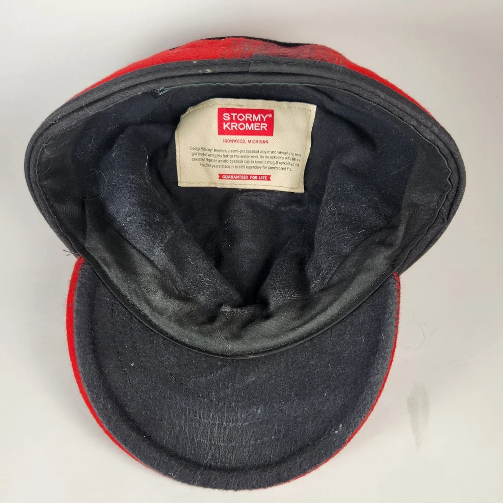 VTG STORMY KROMER Trapper Hat Men's 7 1/4 Red Hunting Wool Plaid Lined Made USA - Picture 5 of 11